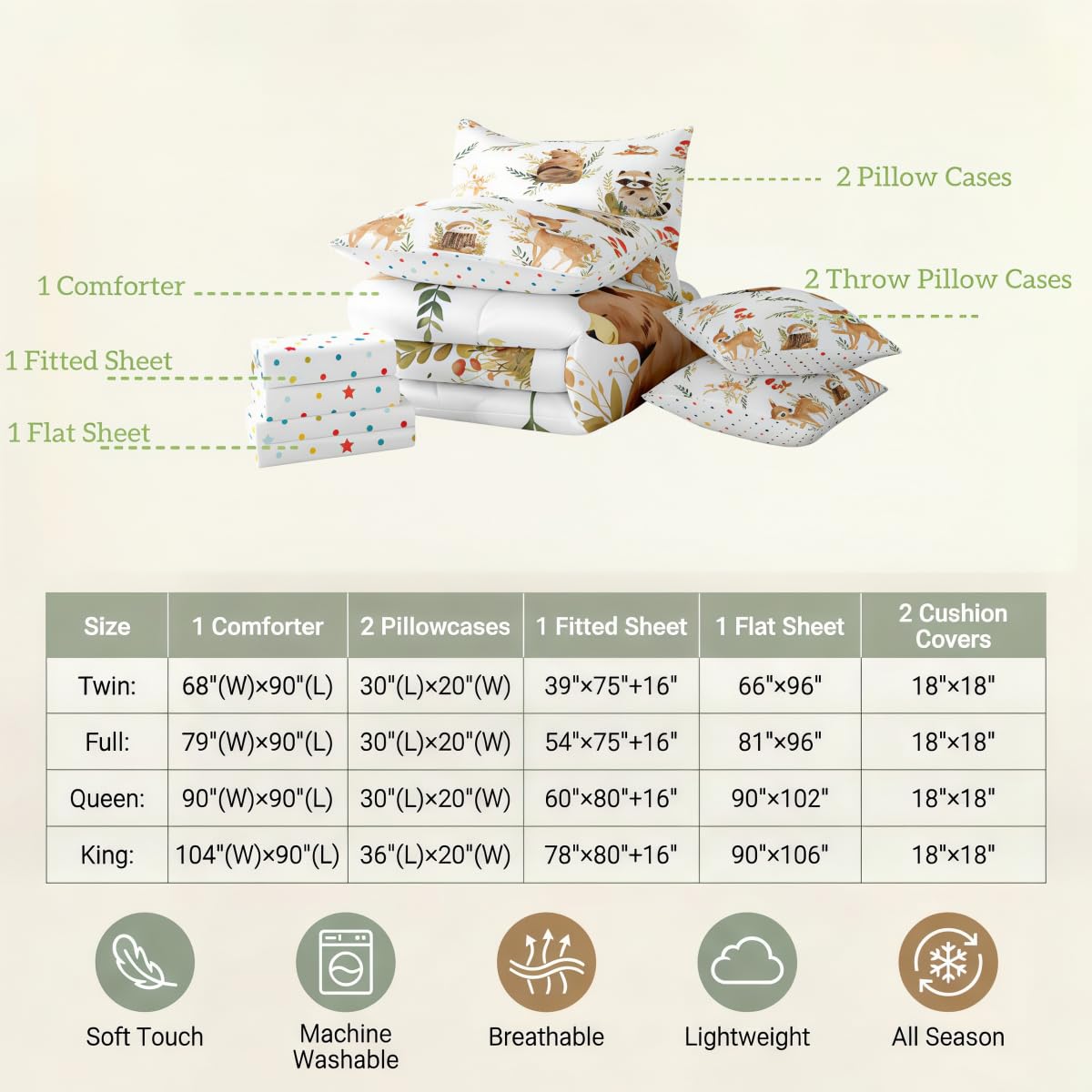 Erosebridal 7 Pcs Woodland Animals Kids Bedding Set Twin Cute Forest Raccoon Bear Deer Comforter Set with Sheets for Boys Girls Teens Jungle Safari Animals Bed in A Bag Botanical Mushroom Bed Sets