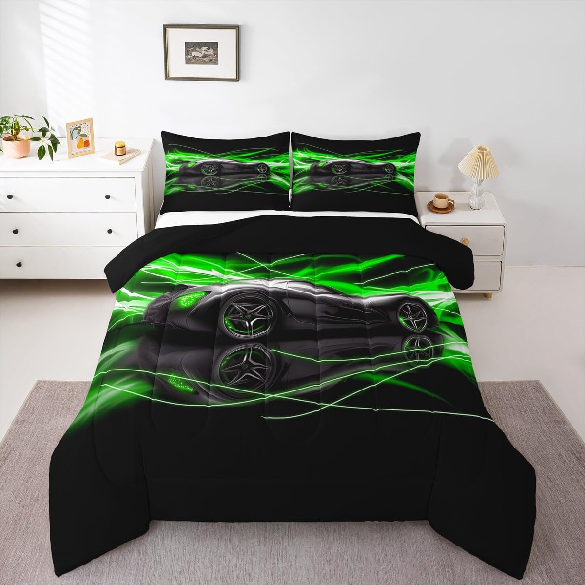 jejeloiu Kids Race Car Comforter Set Twin Size Speed Sports Car Bedding Set for Kids Boys Girls Green Duvet Quilt Automobile Bedroom Decor Microfiber 2 Pcs with 1 Pillow Cases