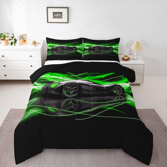 jejeloiu Kids Race Car Comforter Set Twin Size Speed Sports Car Bedding Set for Kids Boys Girls Green Duvet Quilt Automobile Bedroom Decor Microfiber 2 Pcs with 1 Pillow Cases