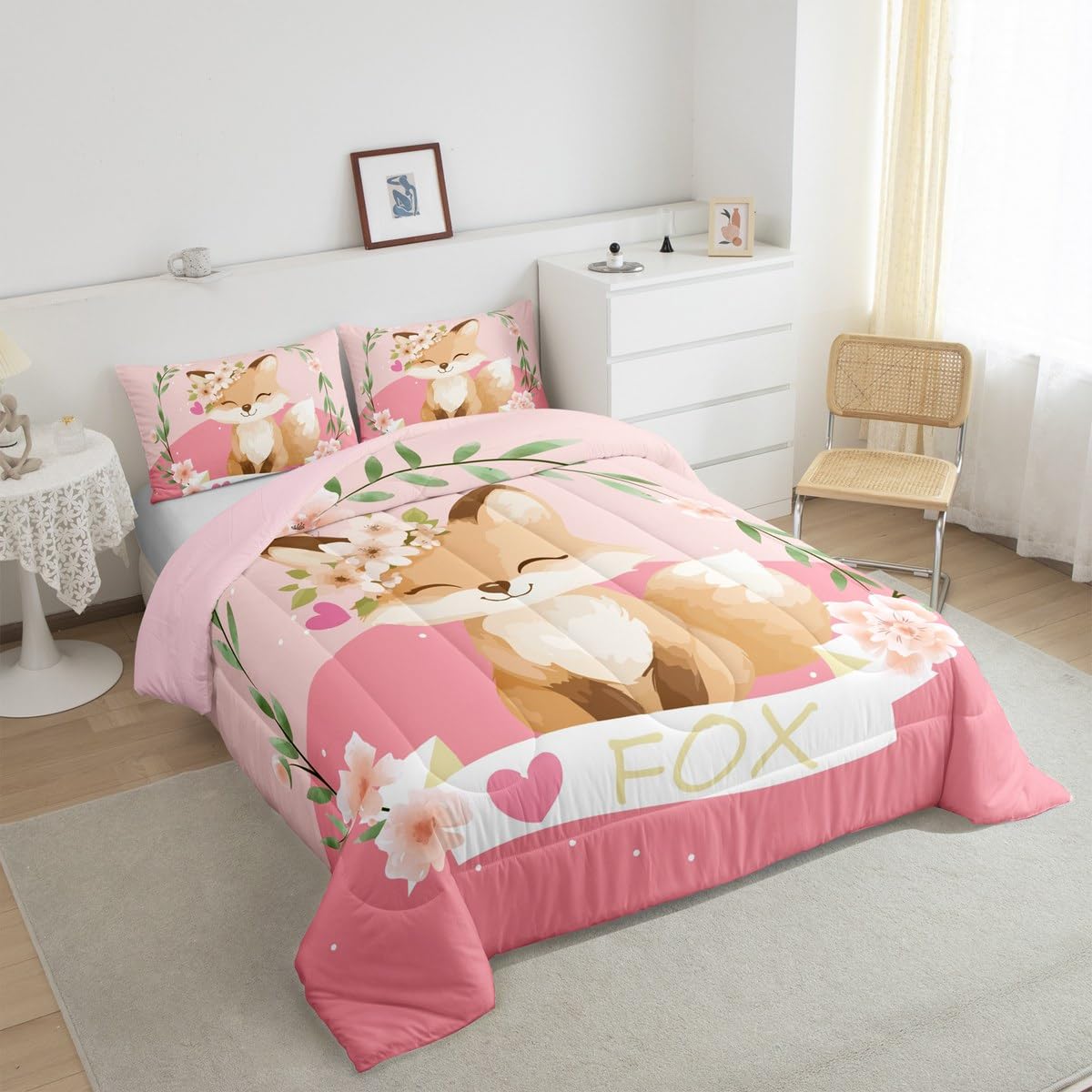 Feelyou Girls Cartoon Fox Comforter Set Cute Fox Bedding Set for Kids Boys Girls Kawaii Animal Duvet Set Botanical Floral Comforter 1 Comforter Set with 1 Pillowcase Twin Size