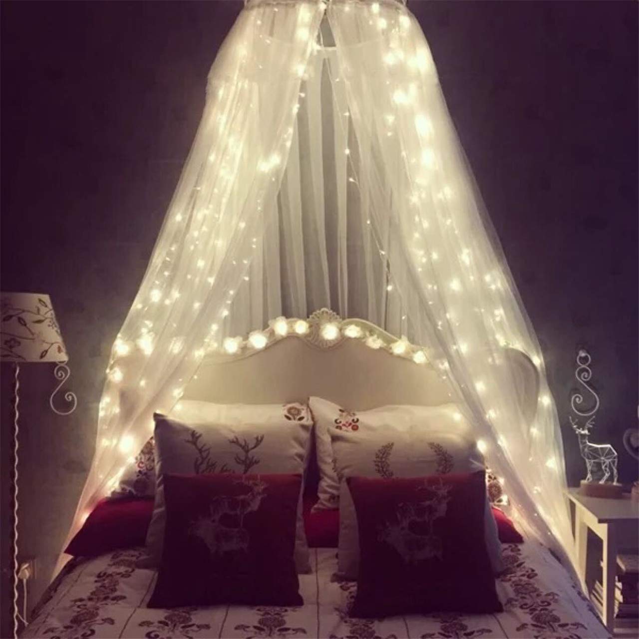 Comtelek Bed Canopy with Lights,Mosquito Net Bed Canopy for Girls Canopy Bed Curtains Full Queen Size from Ceiling,Dome Mosquito Netting Bed Tent Twin Girls Princess Canopy King Bed Decor