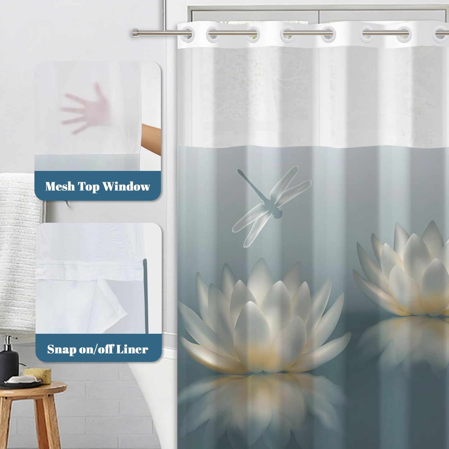Xiazhilaio No Hook Lotus Flower Shower Curtain with Snap in Liner - 71″W x 74″L Waterproof Fabric with Mesh Top Window, Zen Floral & Dragonfly Print Bath Curtain for Modern Spa Bathroom Decor
