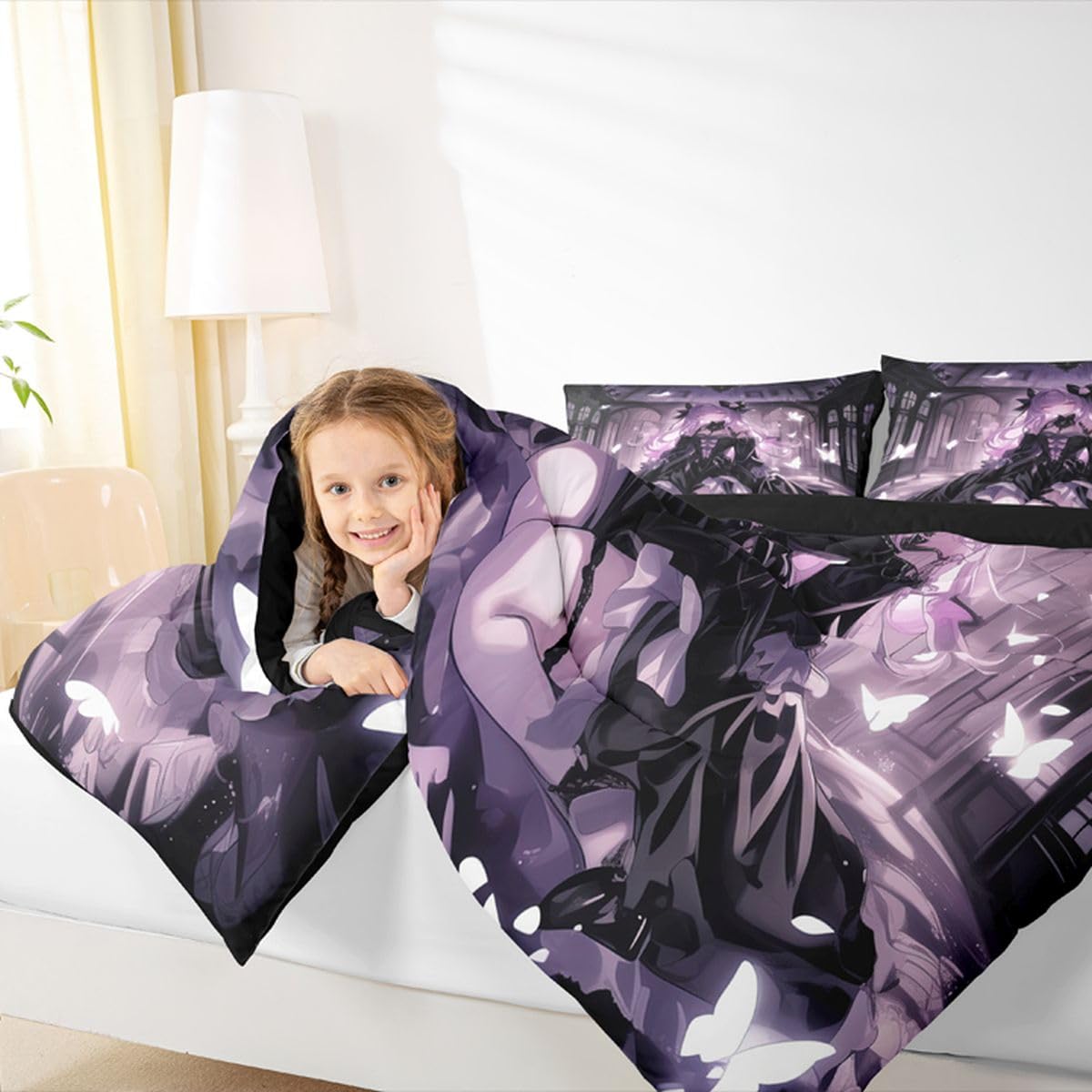 Erosebridal 3D Girly Kids Comforter Set | Japanese Girl Bedding Twin Size Anime Gifts Down Comforter Purple Dreamy Butterfly Print Duvet Set for Bedroom