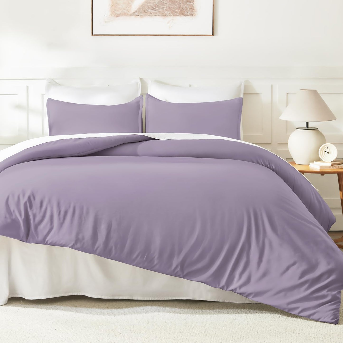Litanika Grayish Lavender Purple Comforter Set King Size, 3 Pieces Lightweight Solid Bedding Comforter Set, All Season Fluffy Bed Set (104x90In Comforter & 2 Pillowcases)
