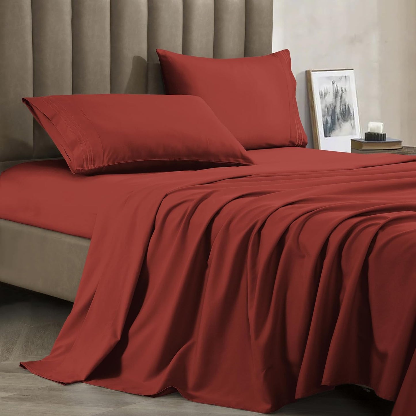 CELINE LINEN Premium 1800 Hotel Quality Wrinkle-Resistant 4-Piece Microfiber Sheet Set - Luxury Ultra Soft and Breathable Bedding 16 Inch Deep Pocket 4PC Sheet Set, King, Rust