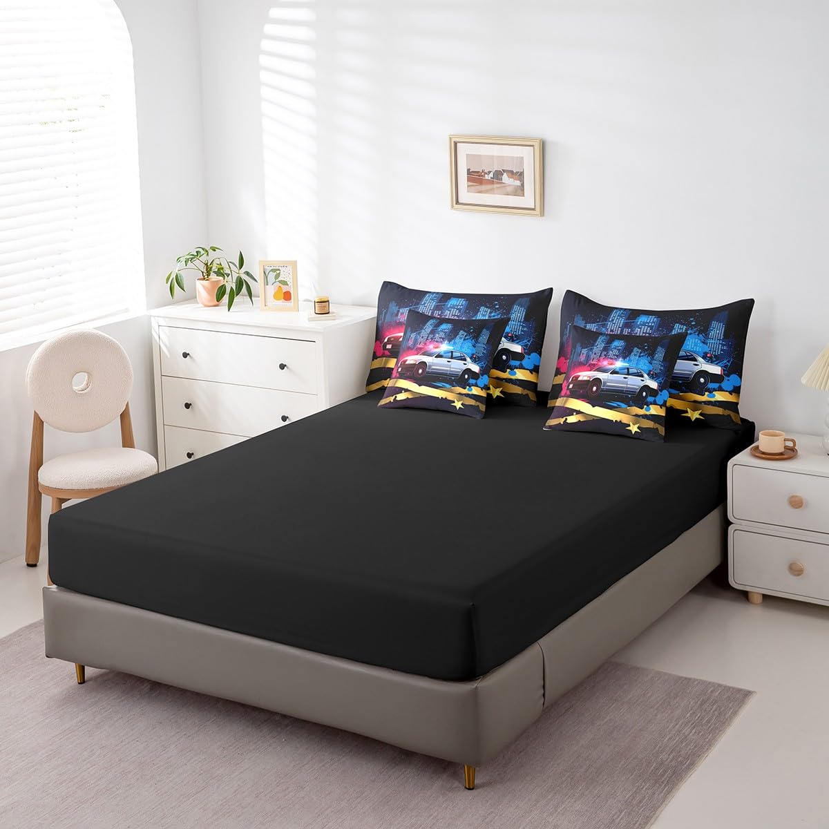 Erosebridal Police Car 7 Piece Comforter Set Full Bed in a Bag,Policeman Vehicle Car Bedding Sets Red Blue Cop Lights Truck Sheet Set with Comforter