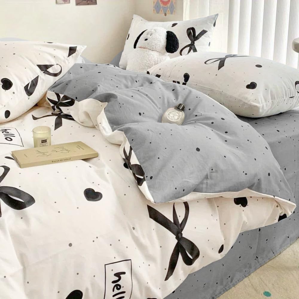 Sedefen Bow Duvet Cover Queen Size Heart Bows Printed Duvet Cover Set 3 Pcs Kids Girls Cute Love Pattern Dot Reversible Bedding Set with Zipper Ties Soft Breathable Microfiber