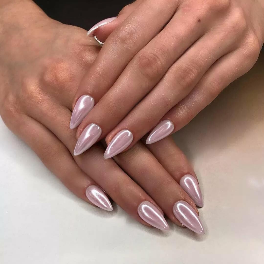 Baby Pink Chrome Press on Nails Medium Almond,KQueenest Iridescent Stiletto Fake Nails with Designs,Glossy Glue on Nails with Mirror Effect,Pearlescent Acrylic Nails for Women Girls 24Pcs