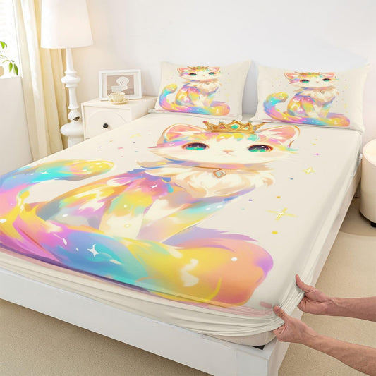 3D Anime Cat Bedding Set for Animal Lovers Cartoon Lovely Cat Fitted Sheet Queen, Kawaii Colorful Pet Bed Sheets for Girls Boys Kids Cartoon Gifts Decor for Bedroom, 1 Fitted Sheet 2 Pillowcases
