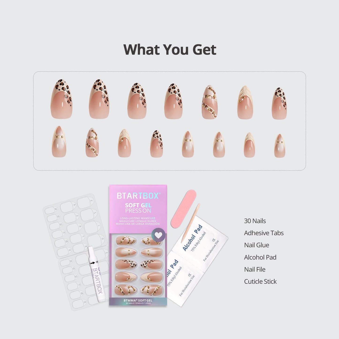 BTArtbox Press On Nails Almond - 3D Pearl Leopard Medium French Tip Press On Nails with Glue for Women, Opaque Soft Gel Glue On Nails in 16 Sizes - 32 Stick On Nails Kit, Cheeky Duo