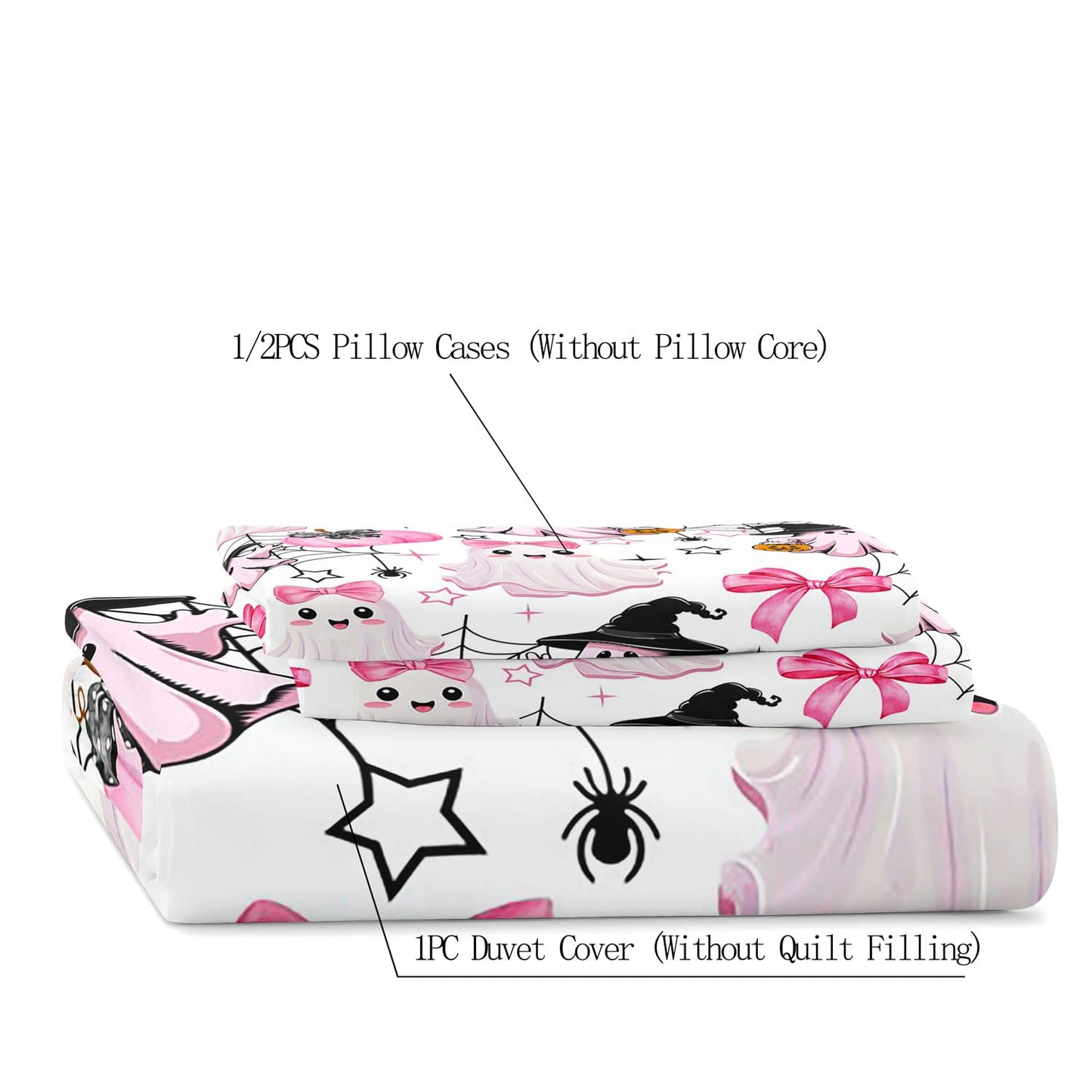 LUVIVIHOME 3PCS Kawaii Ghost Duvet Cover Queen Bedding Set, White Duvet Cover, Kids Teen Girl Bedding, Spooky Witchy Coquette Cute Pink Bow Pumpkin Spider Web Halloween Comforter Cover, 2 Pillow Cases