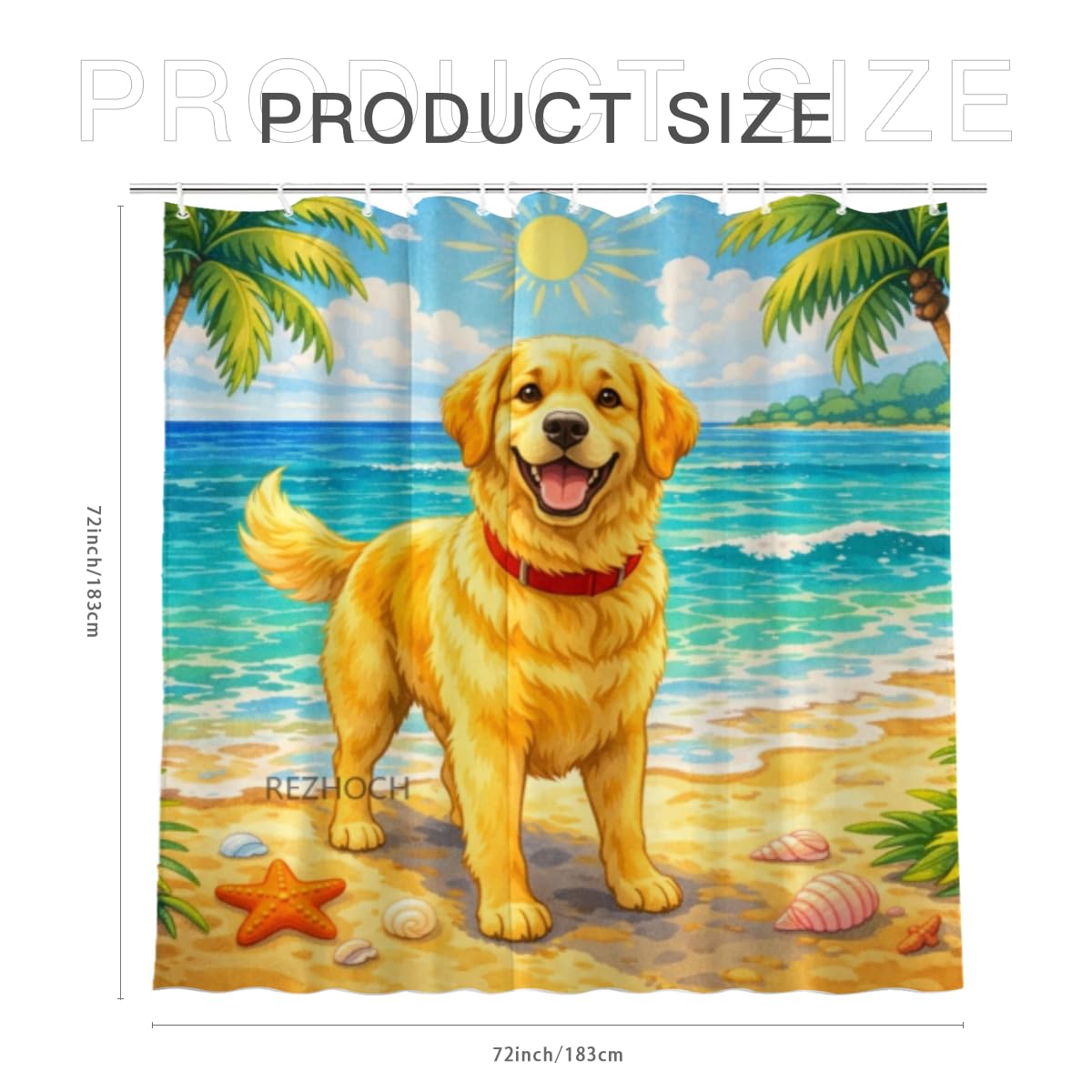 REZHOCH Cute Dog Shower Curtain 72x72Inch,Funny Golden Retriever Happy Holiday Beach Ocean Sunshine Coastal Home Bathroom Decor,Pet Summer Animal Bath Set Waterproof Fabric with Hooks
