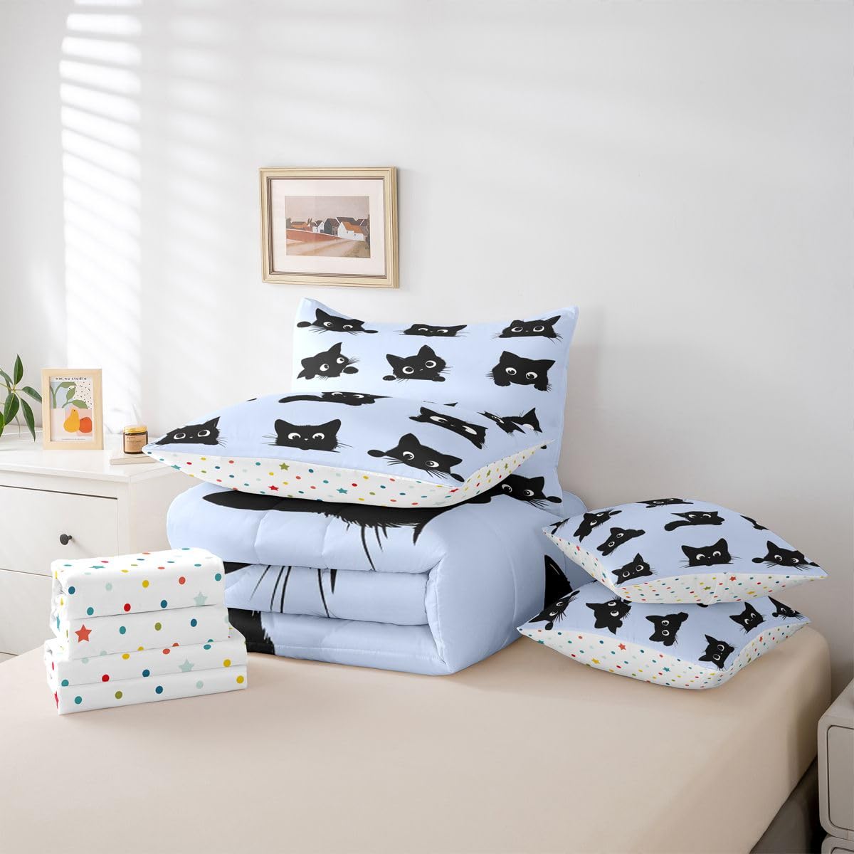 Erosebridal Cute Cat 7-Piece Bedding Set Full Size for Kids Boys Girls (Black and Blue) - Funny Black Cats Bed in a Bag Cartoon Kitten Animal Comforter Set with Sheets Cute Cat Duvet Insert