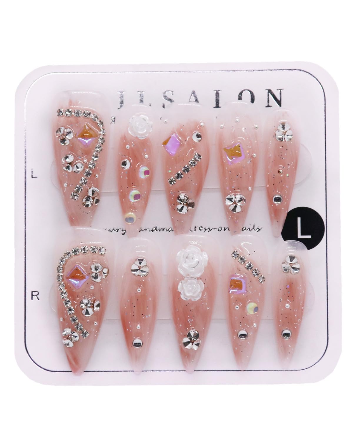 CAMILCY Handmade Press on Nails Long Stiletto Glossy Nude Pink Fake Nails with 3D Flowers Rhinestones Luxury Crystal Bling Acrylic Nails Reusable Stick on Nails for Women (B04, M)
