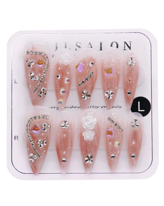 CAMILCY Handmade Press on Nails Long Stiletto Glossy Nude Pink Fake Nails with 3D Flowers Rhinestones Luxury Crystal Bling Acrylic Nails Reusable Stick on Nails for Women (B04, M)