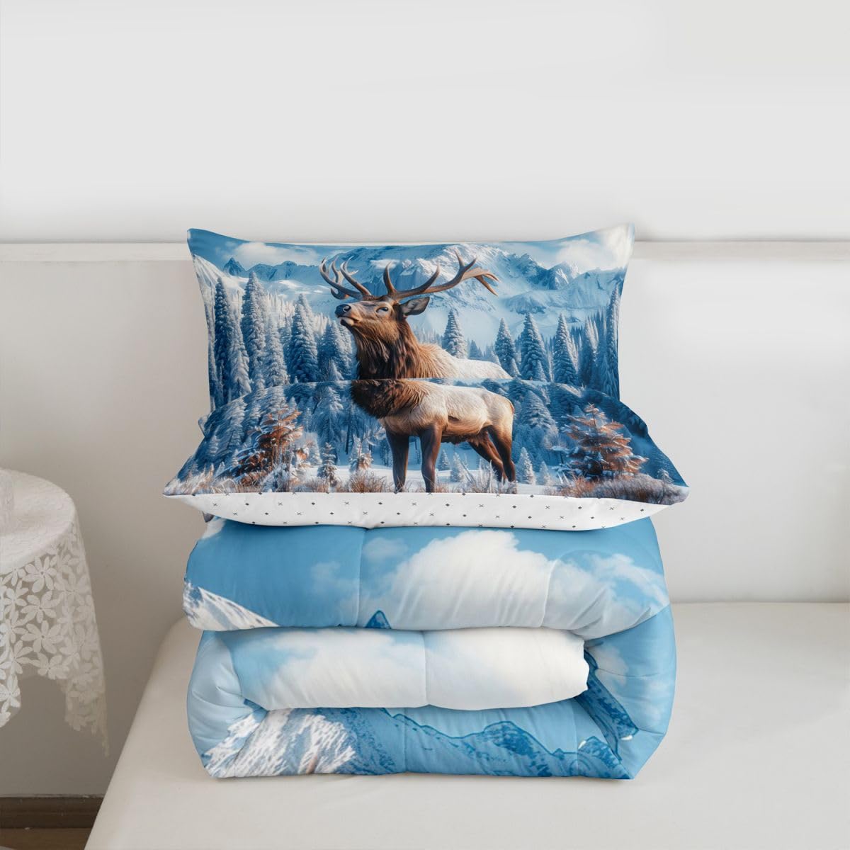 jejeloiu Deer Comforter Set Toddler Size Elk Wildlife Bedding Set for Kids Boys Girls Rustic Cabin Country Duvet Quilt Bedroom Decor Microfiber 2 Pcs with 1 Pillow Cases