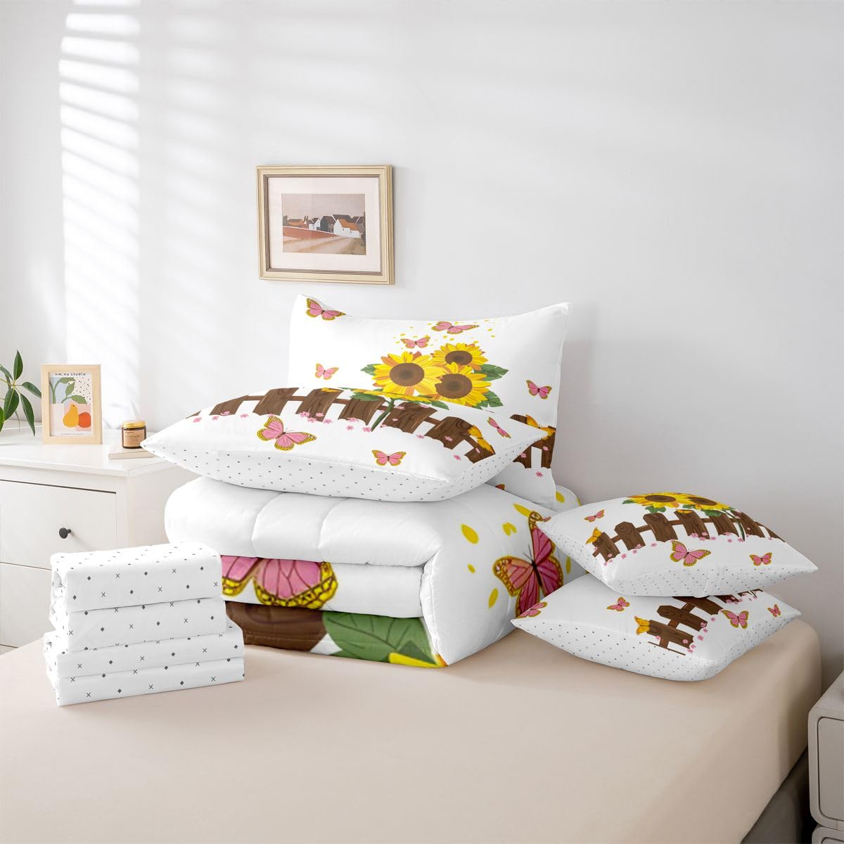 Erosebridal Butterfly 7 Piece Bedding Set Twin Sunflower Comforter Set with Sheets Wooden Fence Cute Hand Drawn Florals for Kids Boys Girls Petals Pink Butterflies Farmhouse Bed in a Bag