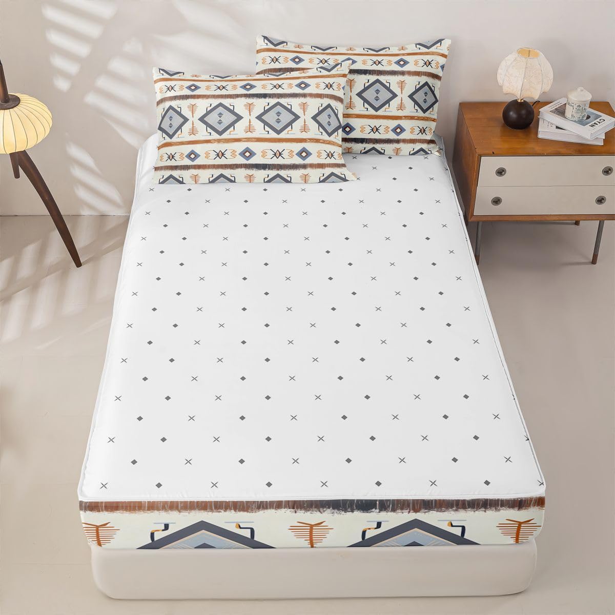 Geometric Aztec Zipper Bedding Queen Western Boho Zip Up Bedding Set for Boys, Ethnic Tribal Arrow Diamond Bed in a Bag Navajo Style Southwestern Decor Comforter with Fitted Sheet and 2 Pillowcases