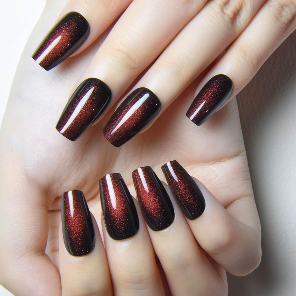 evpct Reddish Brown Cat Eye Coffin Press on Nails Medium Square No Glue, Medium Square Stick on Nails for Women Gift, Wine Red Metallic Glitter Glossy Reusable Spring Summer Press on Acrylic Fake Nail