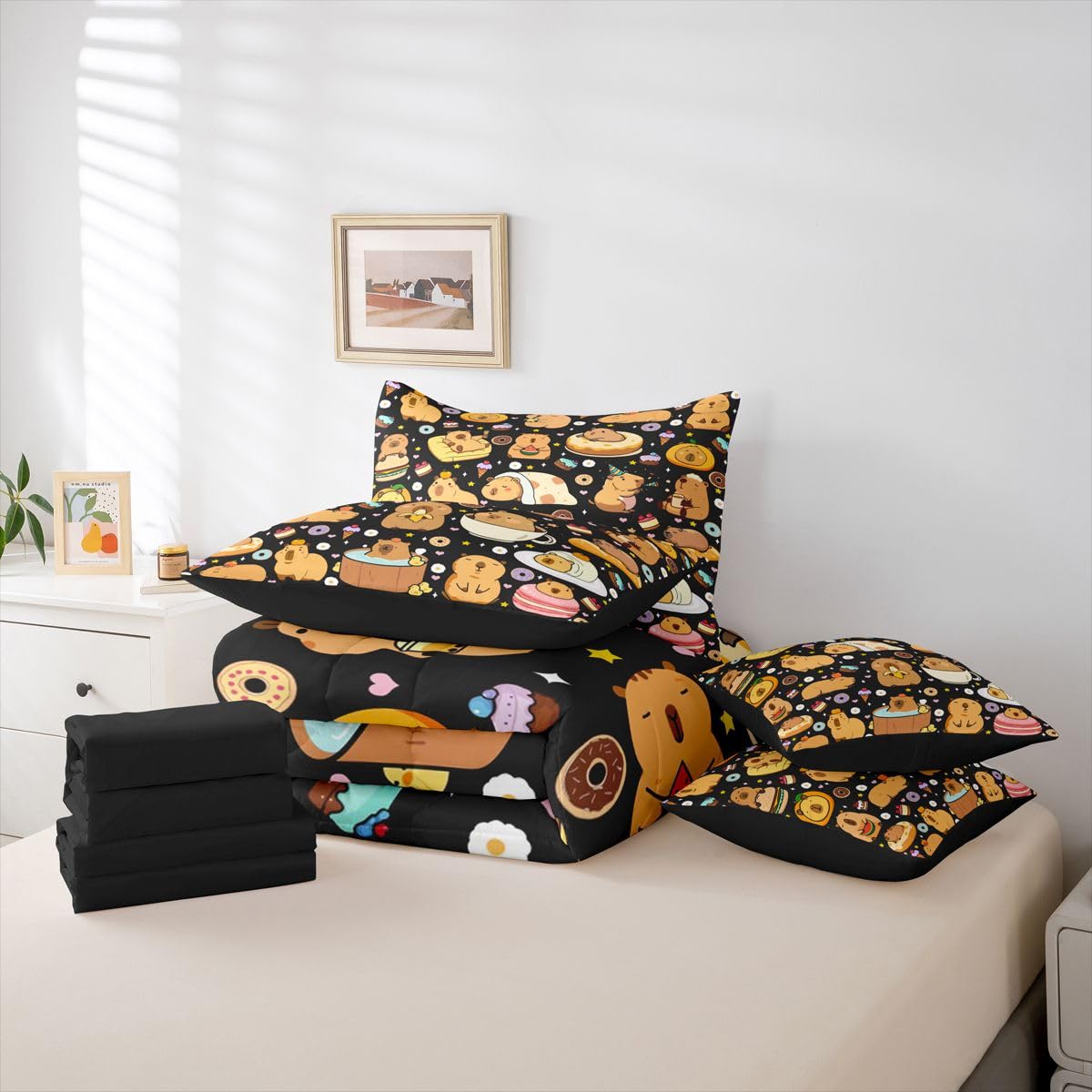 Funny Capybaras 7 Pieces Bedding Set Twin Size,Capybara Lover Bed in a Bag,Cute Rodent Animal Bed Set Includes Comforter,Sheet Set,Pillowcases & Pillow Covers,Kawaii Animals Yummy Foods Bedroom Decor