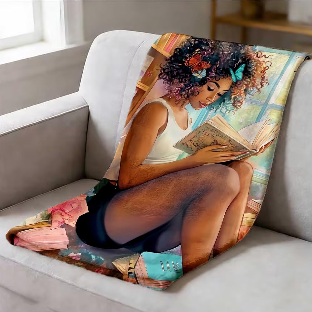 ZHOUSHUTONG Black Girl Reading Throw Blanket African American Girl Print Gifts for Book Lovers Reader Black Women Super Soft Warm Cozy Flannel Blanket for Couch Bedroom Decor 49"x59"