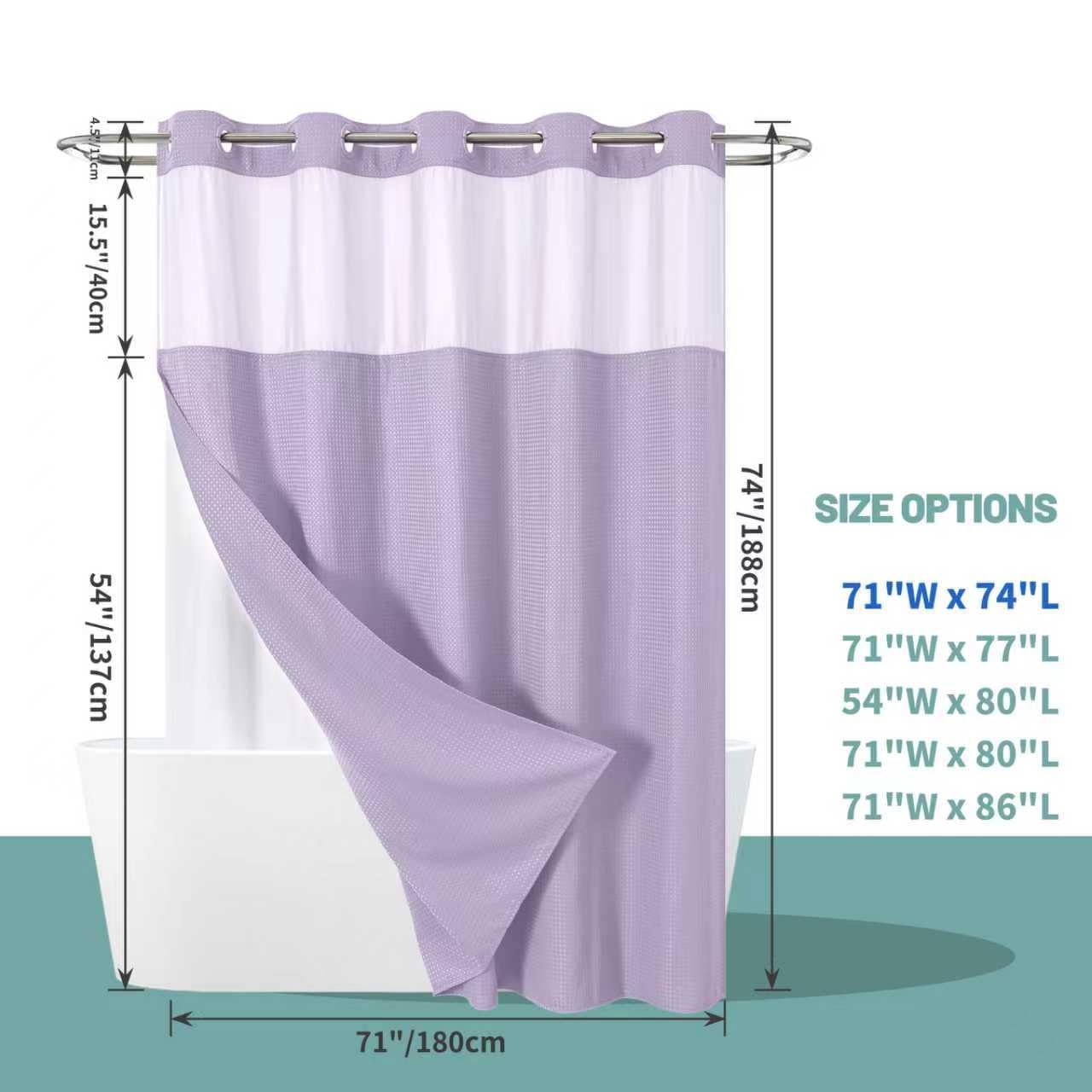 eachope Lavender No Hook Waffle Weave Shower Curtain with snap-in Liner Replacement, 230GSM Waterproof Fabric Hotel Shower Curtain Set for Bathroom, Through Mesh Top Window,71Wx74H