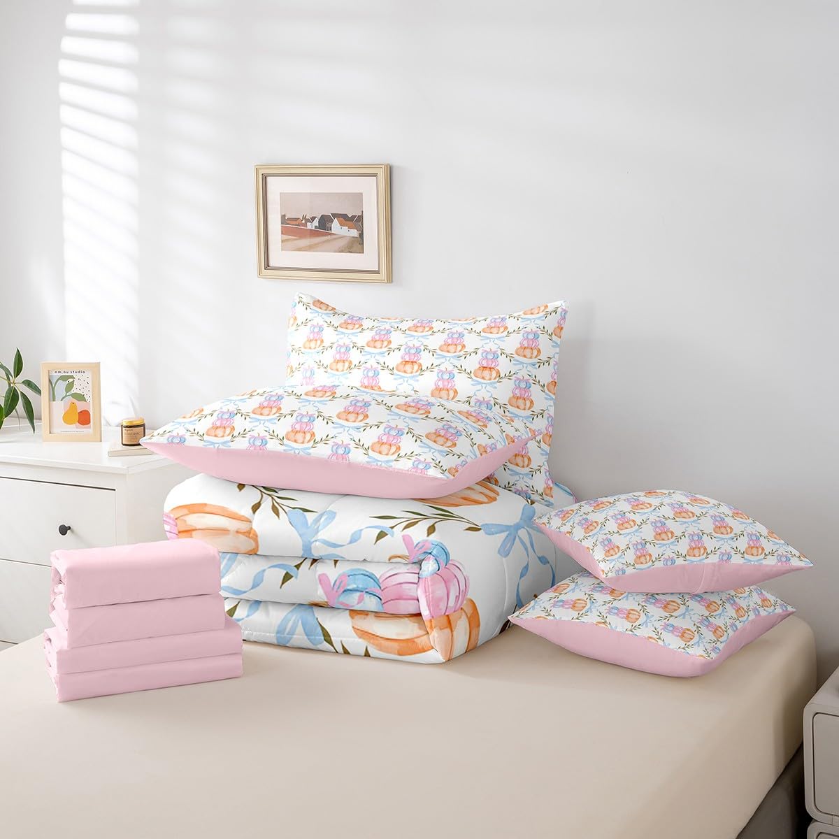 7 Pieces Watercolor Pumpkin Comforter Set Full Size,Pink Blue Bow Print Bedding Sets Kids Teens Adult Fall Plants Bow Grid Striped Quilt + Fitted & Flat Sheets + 2 Cushion Cover + 2 Pillowcases