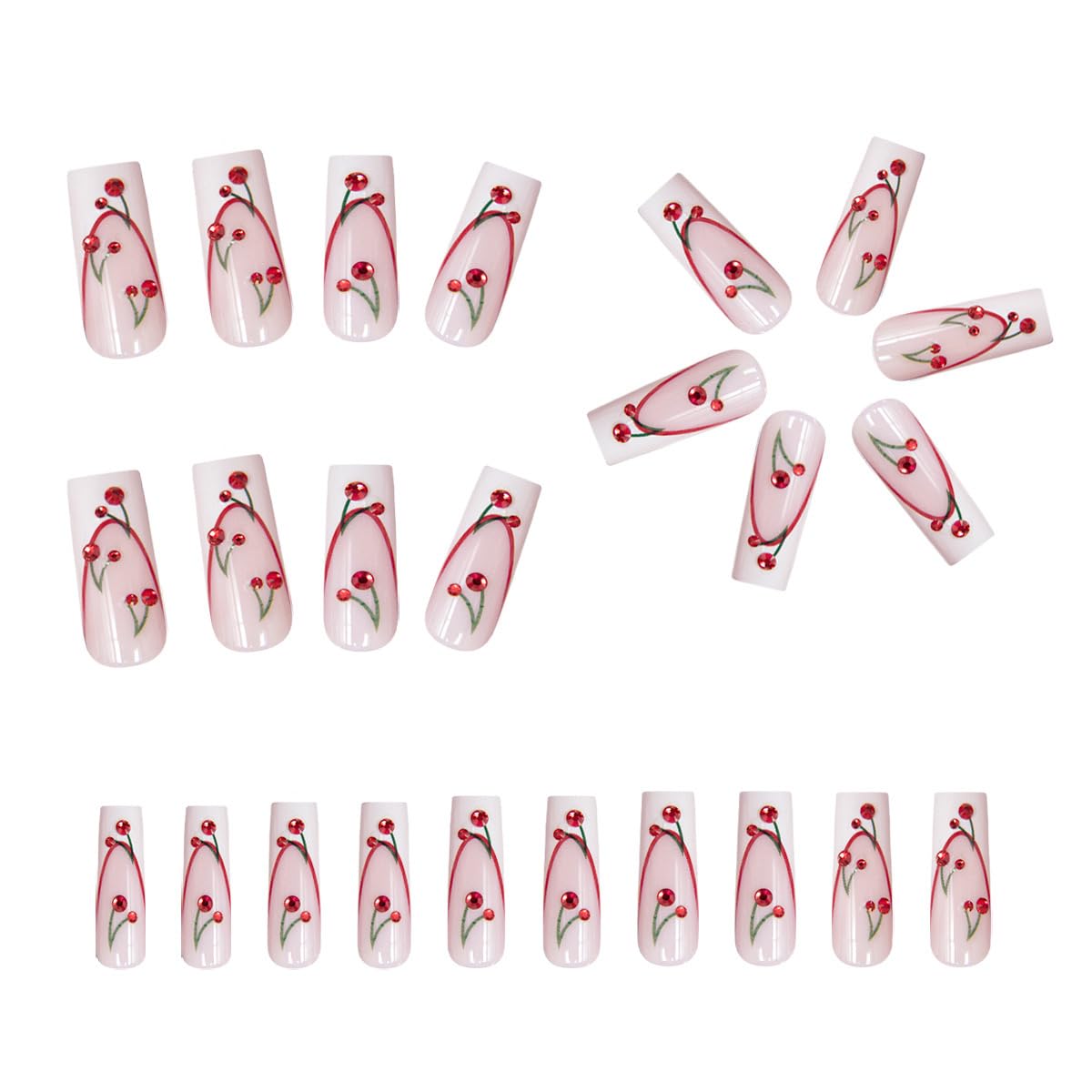 Long Press Square White French Tip Rhinestone False Nails with Cherry Glue for Women's Manicure - Christmas Acrylic, Press-On, Full Cover - 24 Pcs