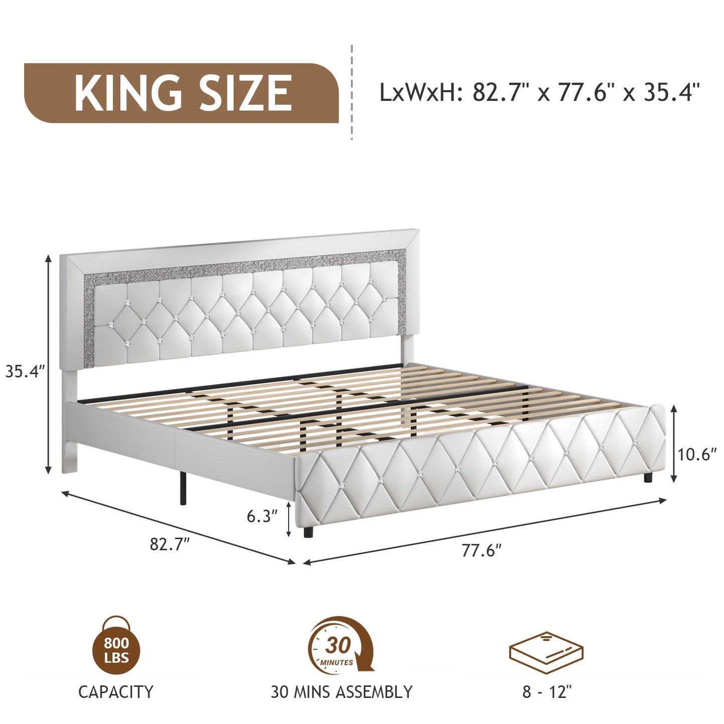 King Bed Frame, Faux Leather Platform Bed with Upholstered Diamond Headboard, Mattress Foundation with Strong Wooden Slats Support, No Box Spring Required, Easy Assembly, White