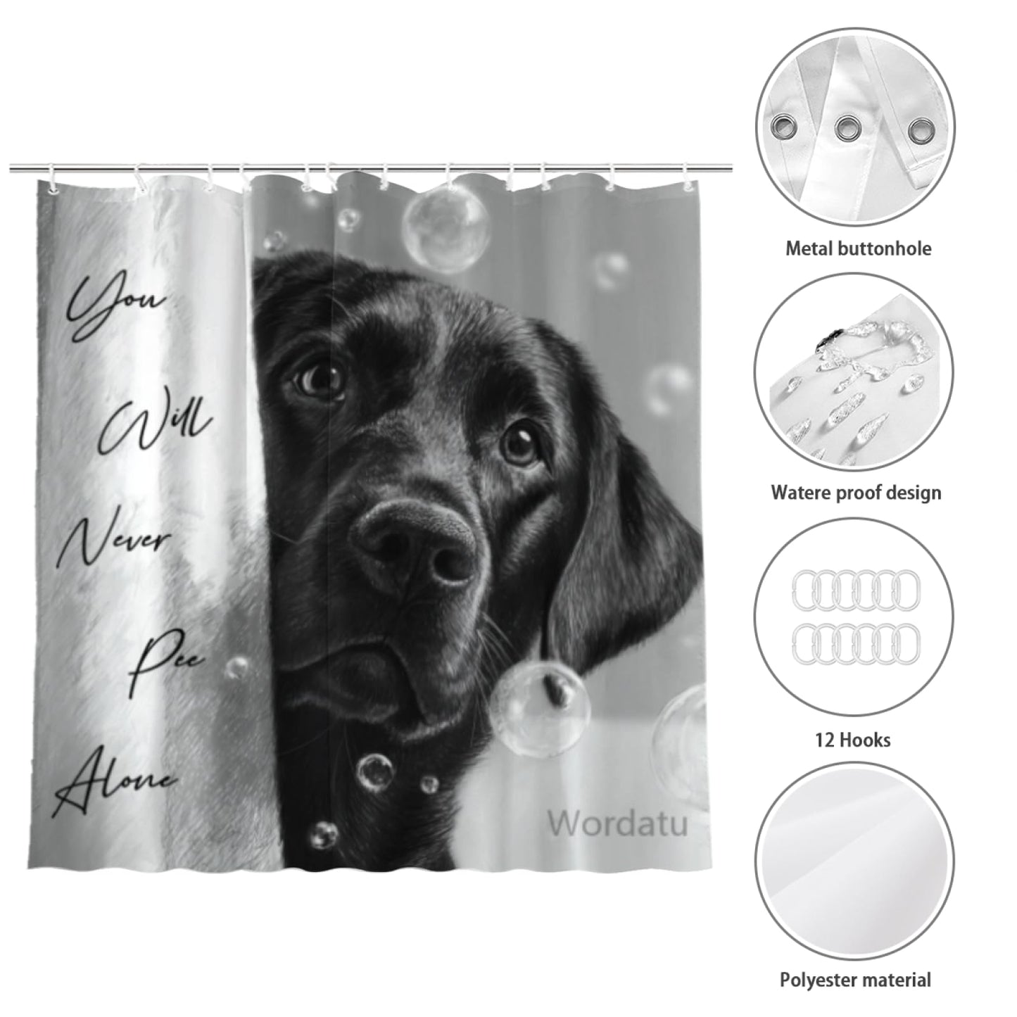 Wordatu Funny Black Labrador Dog Bathroom Shower Curtain 72x72 Inch You Will Never Pee Alone Black White Interesting Polyester Waterproof Decor 12 Hooks