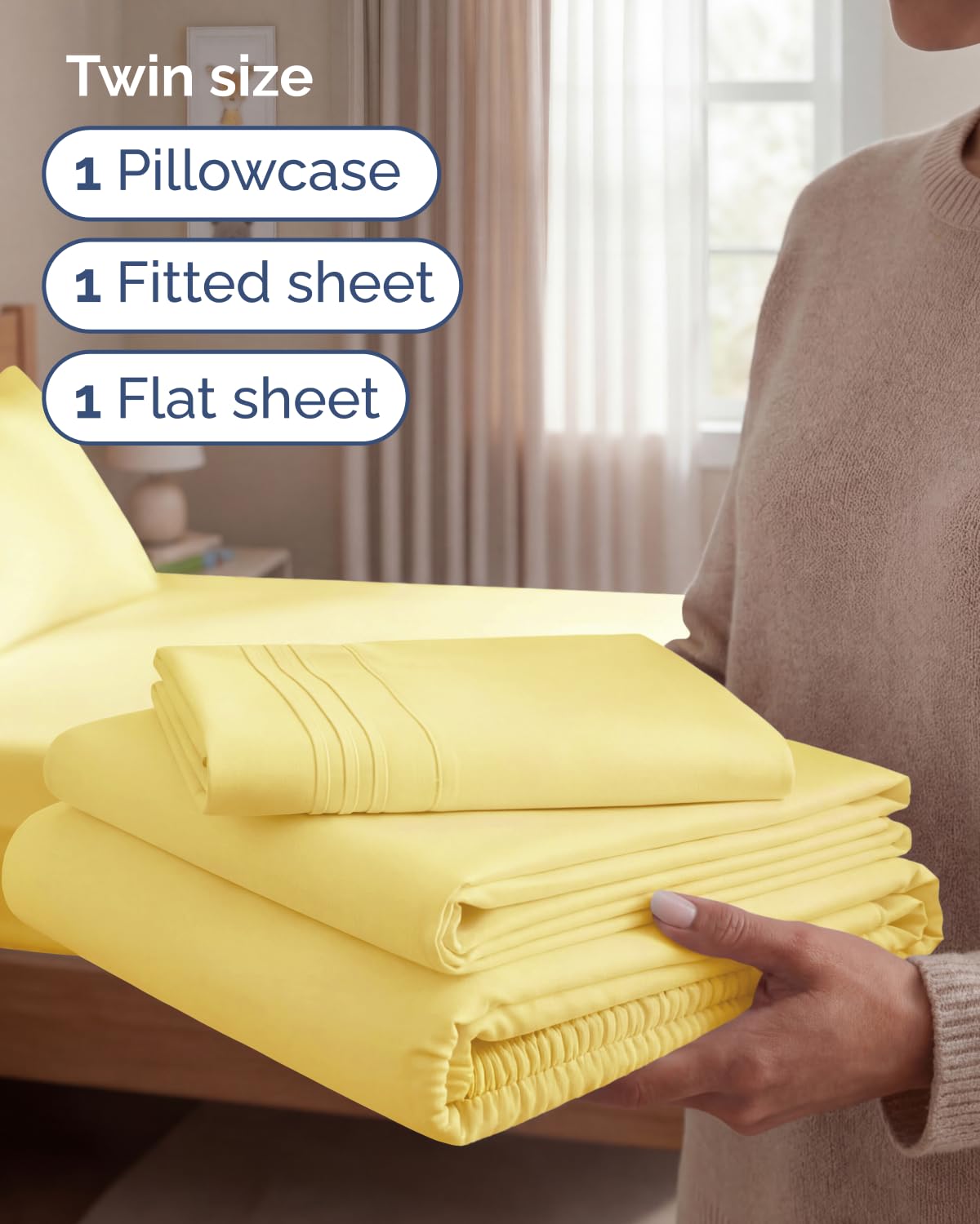 Twin Size 3 Piece Sheet Set - Comfy Breathable & Cooling Sheets - Hotel Luxury Bed Sheets for Women & Men - Deep Pockets, Easy-Fit, Extra Soft and Wrinkle Free Sheets - Yellow Oeko-Tex Bed Sheet Set
