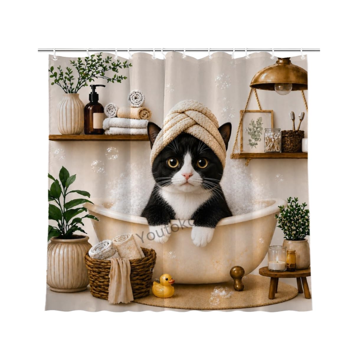 Youtoko Funny Tuxedo Cat Shower Curtain Cute Animal Bubble Bath Bathtub with Bubbles Fabric 72x72 with 12 Hooks Waterproof Washable Polyester Bathroom Decor