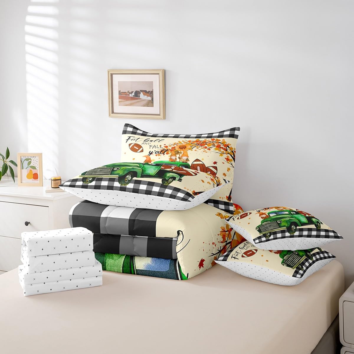 Erosebridal Green Truck 7 Piece Comforter Set Full Bed in a Bag,Cartoon Fall Gnome Kawaii Bedding Sets Rugby Football Sheet Set with Comforter