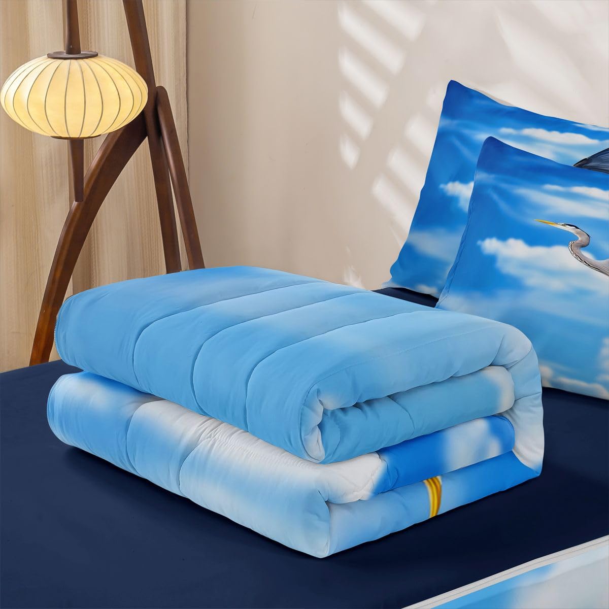 Erosebridal Flying Heron Zippable Comforter Blue Sky Twin Bedding Blue Heron Zipper Bed Set with Sheets White Clouds Bed in a Bag Bedroom Decor