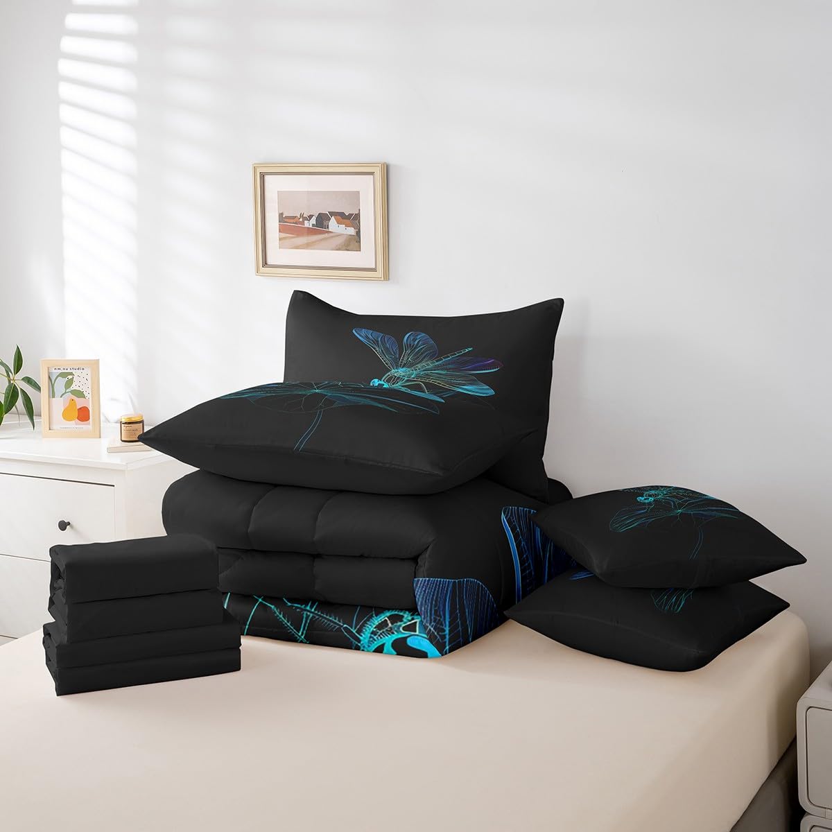 Erosebridal Bohemian Dragonfly Comforter Set Queen,Boho Trippy Animal Bed in a Bag for Kids Boys Girls,Geometric Lotus Leaf Bedding Set 7Pcs,Watercolor Wildlife Quilt for Dragonfly Lovers