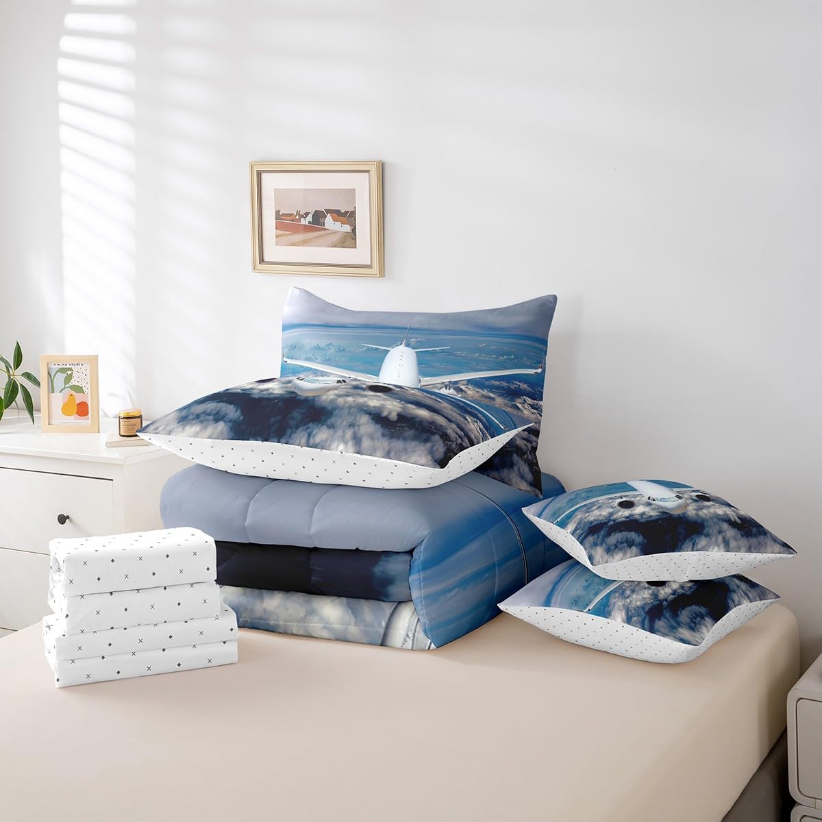 Erosebridal Aviation Aircraft Comforter Set 7 Piece Bed in a Bag Twin,Plane Airliner Bedding Sets Airplane Aeroplane Sheet Set with Comforter