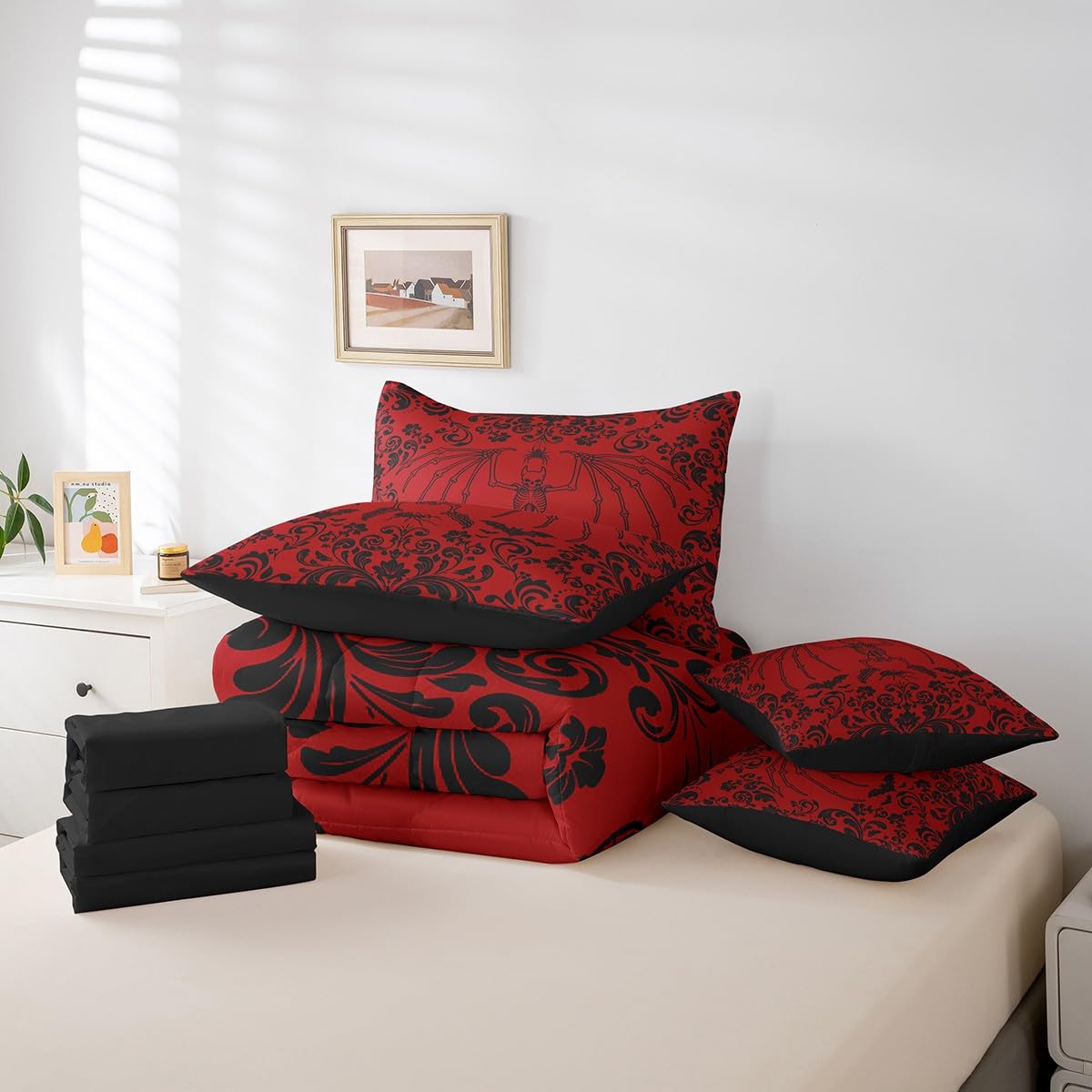 Erosebridal Gothic Moth Skull Bed in A Bag 7 Piece Queen Halloween Bats Spider Bedding Set Red Black Damask Goth Comforter Set with Sheets for Kids Boys Adults Men,Hippie Floral Skeleton Bed Set