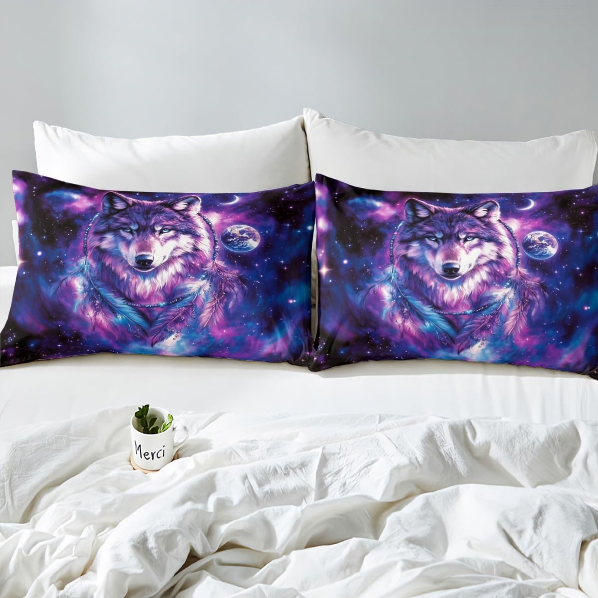 Erosebridal Full Wolf Bed Set Tribal Animal Bed Sheets Set Bohemian Feather Wildlife Flat Fitted Sheet for Kids Adult Women Men Starry Sky,Purple Bedding Sets for Bedroom Decor with 2 Pillow Cases