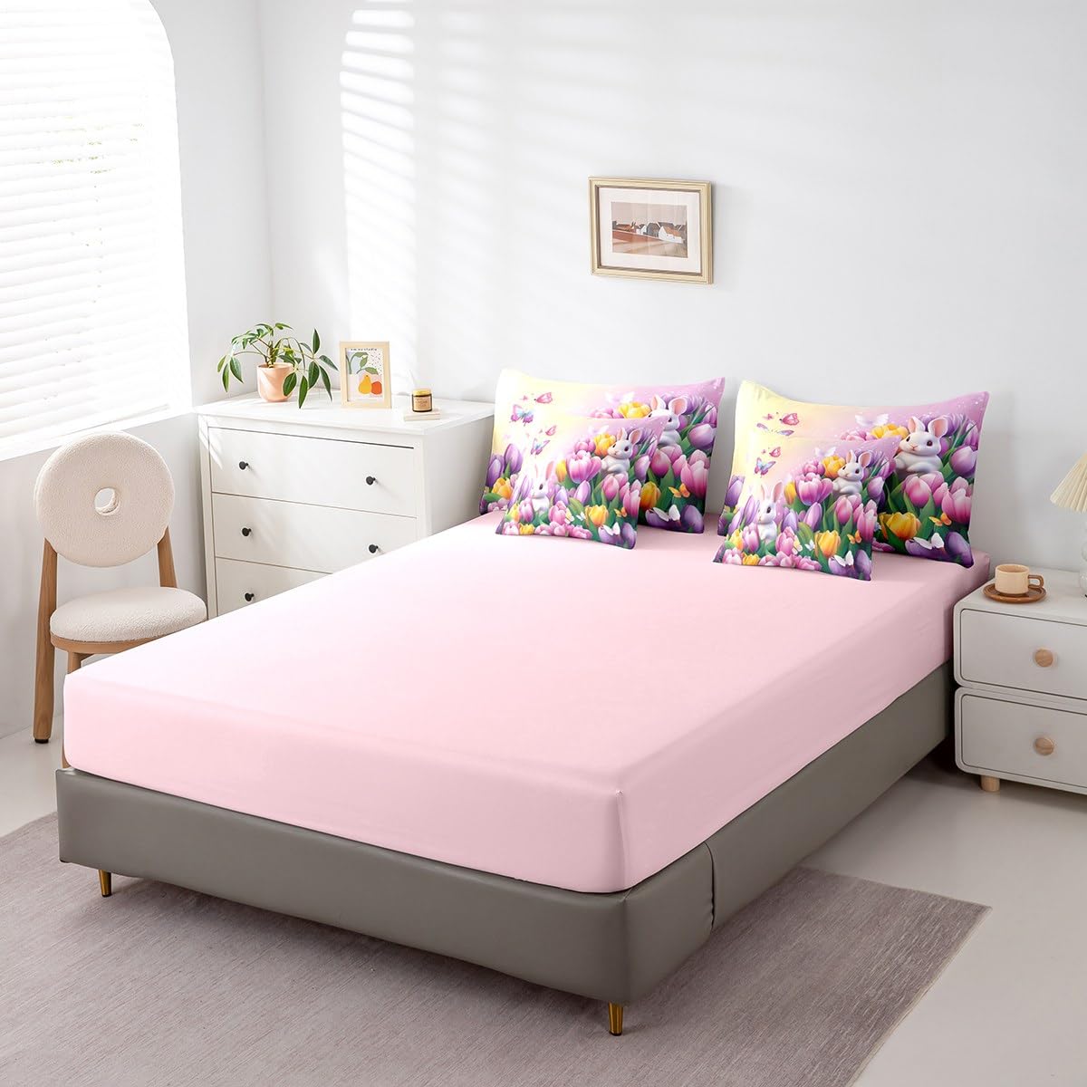 Erosebridal Pastel Tulip King Comforter Set 7 Piece Spring Tulip Flowers Bedding Set Pink Purple Garden Floral Bed in A Bag Cute Kawaii Rabbit Sheet Set with Comforter for Kids Boys Girls
