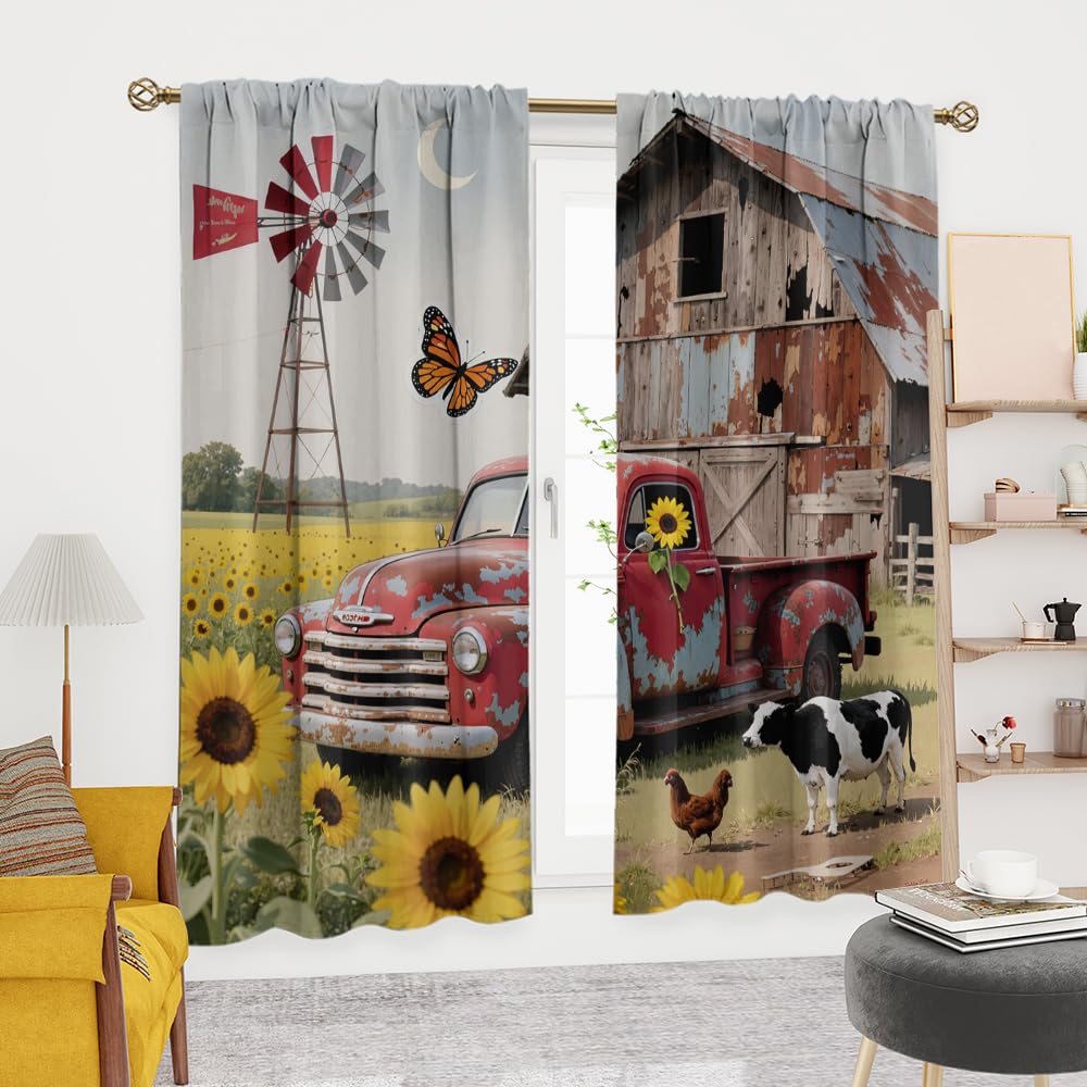 Rustic Farmhouse Red Truck Blackout Curtains-Retro Farm Barn Windmill Rod Pocket Back Tab Drapes,Vintage Country Sunflower Cow Chicken Thermal Insulated Light Blocking Curtain,2pcs,Each 21“W x 45”L
