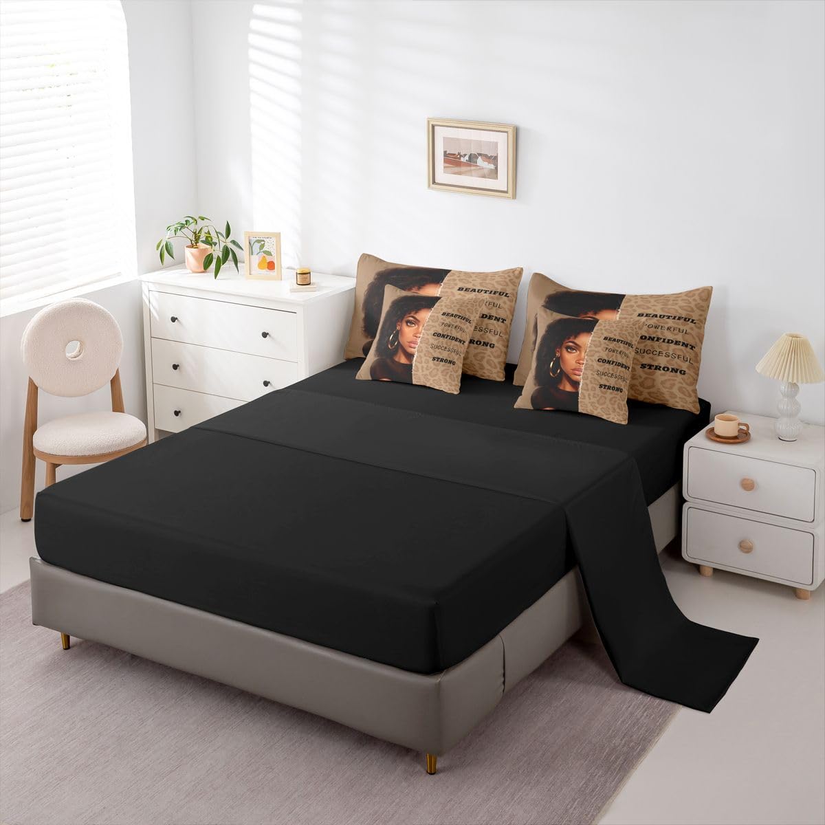 Erosebridal Aesthetic Black Girls Queen Bedding Set Fashion Leopard Print Comforter Set with Flat and Fitted Sheet Modern Cheetah Girl 7-Piece Bed in a Bag Women Empowering Words Art Quilt Sets