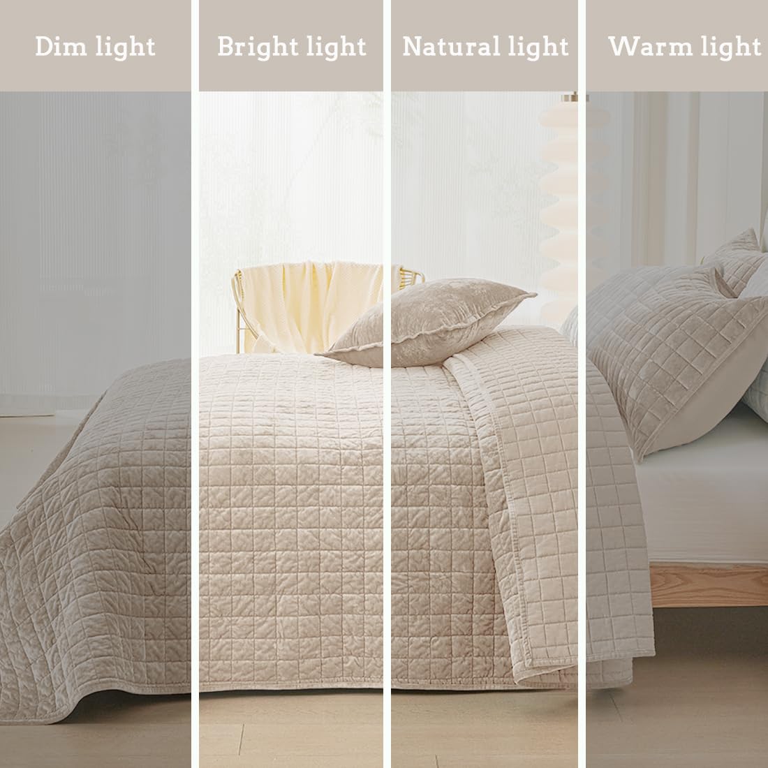 COCOPLOCEUS Quilt Set King Size 98x106 Luxurious Velvet Bedding Sets with 2 Pillow Shams 20x36 3 Pieces Ultra Soft Quilted Bedspread Coverlet Comforter for All Season,Beige
