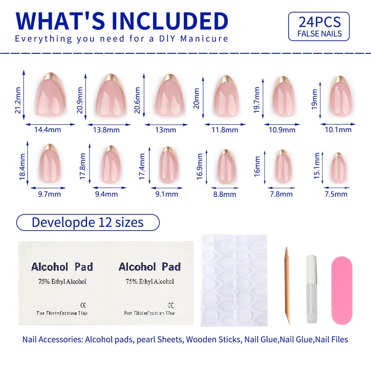 Mivota Almond Press On Nail Short, Pink Fake Nails with Elegantly Crafted Gold French Tips, Glossy Gel Finish, Thick Natural Reusable Glue On Nails Kit for Women 24Pcs, Golden Chic