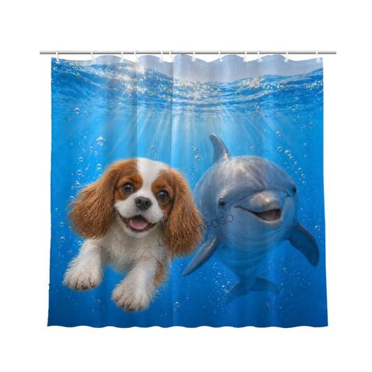 LFINKARTGOGO Ocean Cavalier King Charles Spaniel Shower Curtain 72x72 with 12 Hooks Underwater Animal Dolphin Waterproof Washable Polyester Bath Curtain for Home Hotel Decor