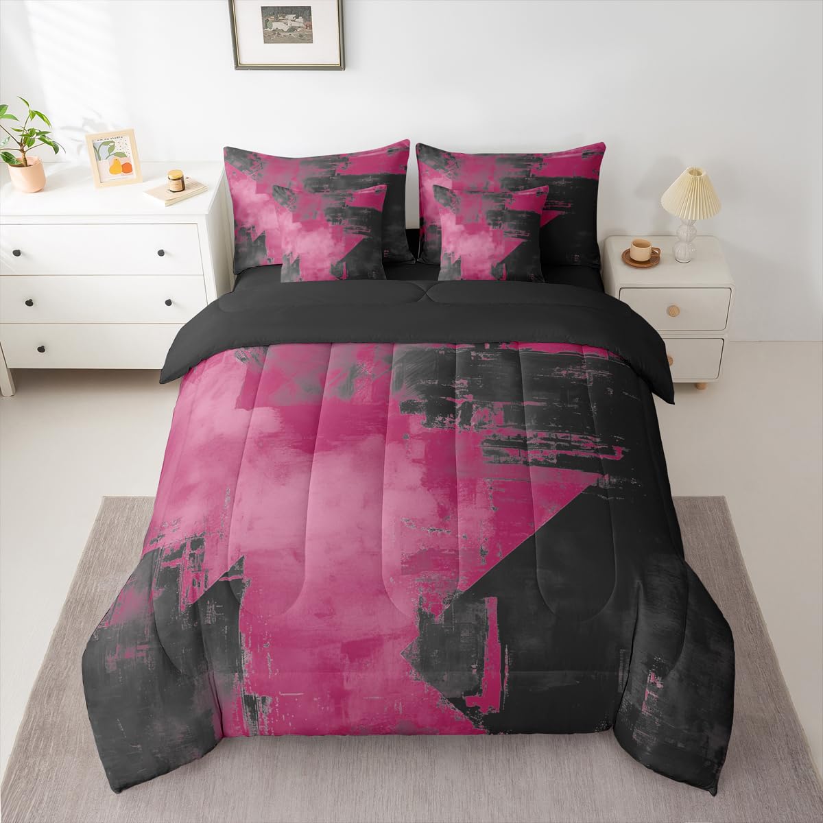 Feelyou Abstract Comforter Set with Sheets 7 Piece King Size Modern Abstract Art Bedding Set for Kids Boys Girls Luxury Bed in a Bag Geometric Room Decor Dark Rose Soft Lightweight Microfiber