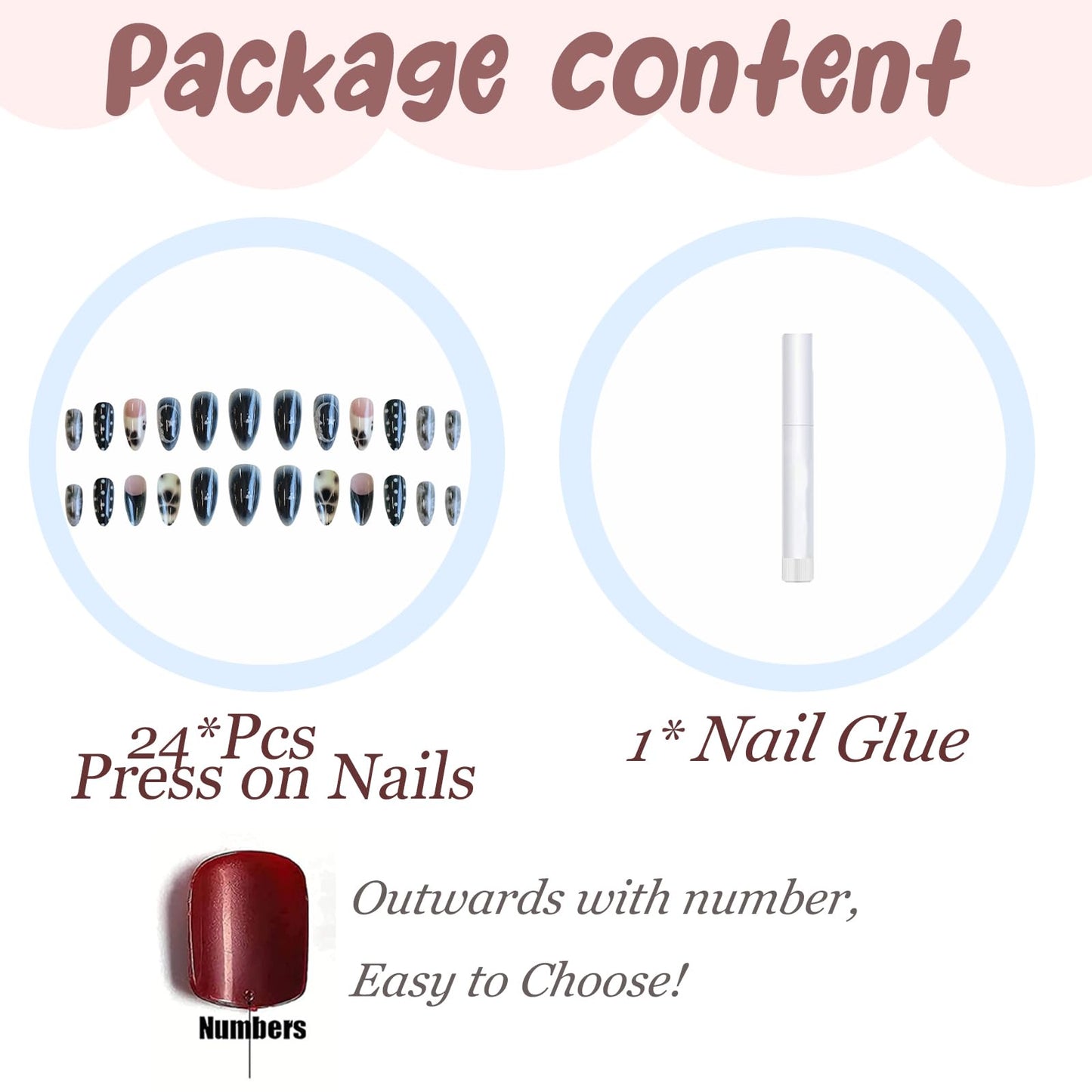 BABALAL Press on Nails Medium Almond Fake Nails Black Goth Glue ons Design Anime Flower Polka Dot Y2k Supplies Handmade Art 24Pcs Glossy Custom Full Cover Acrylic False Nails for Women Girls
