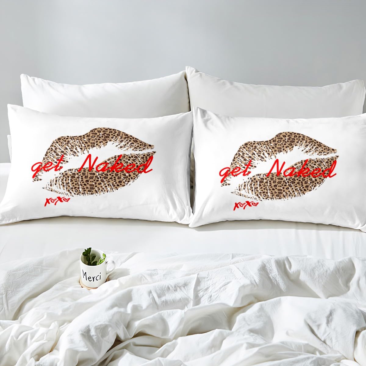Funny Get Naked Fitted Sheet & Pillow Sham Set for Girls Lady Women Leopard Pattern Lips Bedding Set Lover Romantic Bed Sheet Set Room Decor White Red Brown Kiss Bed Cover No Flat Sheet Full Size