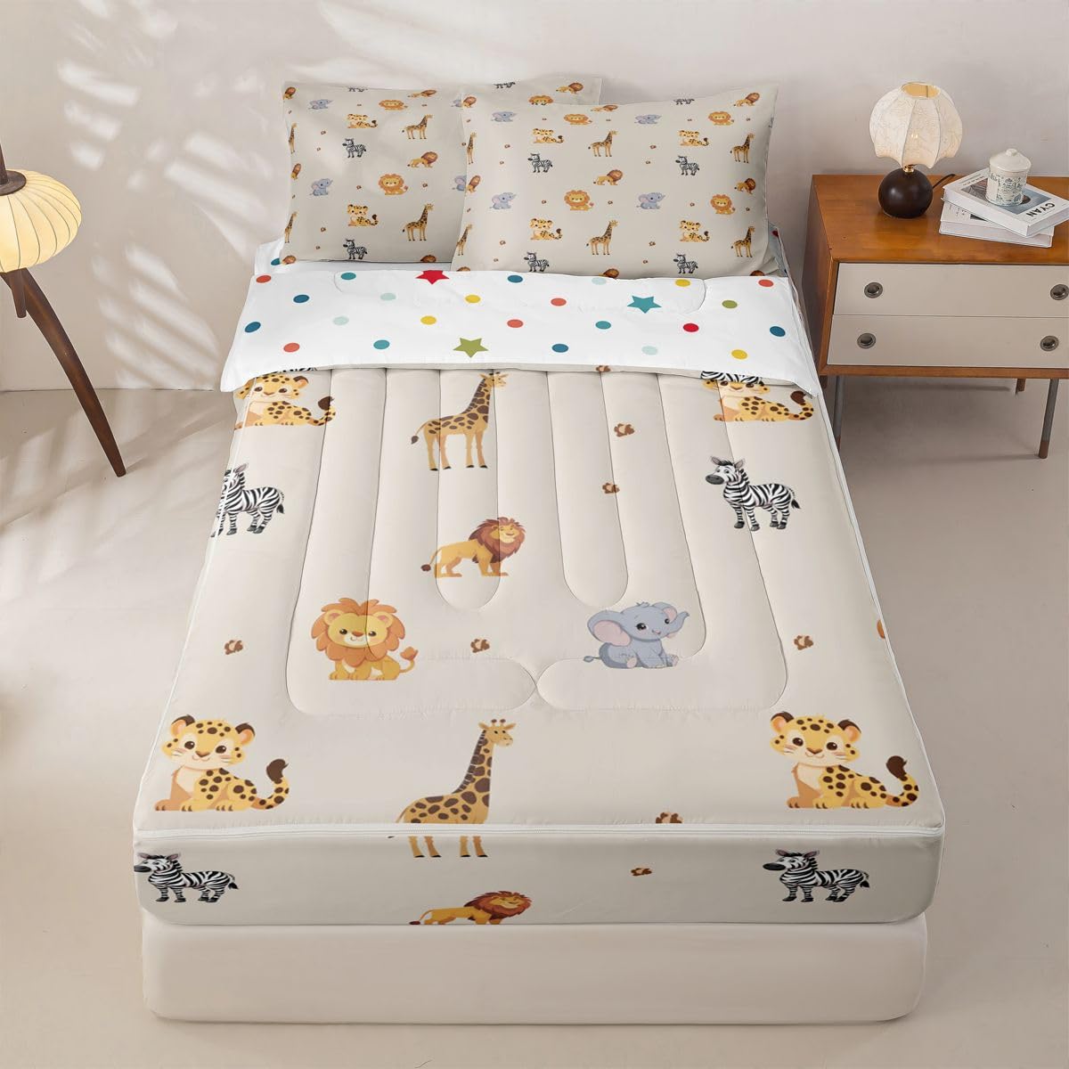 Erosebridal Cute Animals Zippable Bedding, Cartoon Giraffe Lion Tiger Wildlife Twin Size Comforter Set, Kids Zoo Wild Animals Sheets and Pillowcases, Elephant Zebra Woodland Zipper Bedding Set