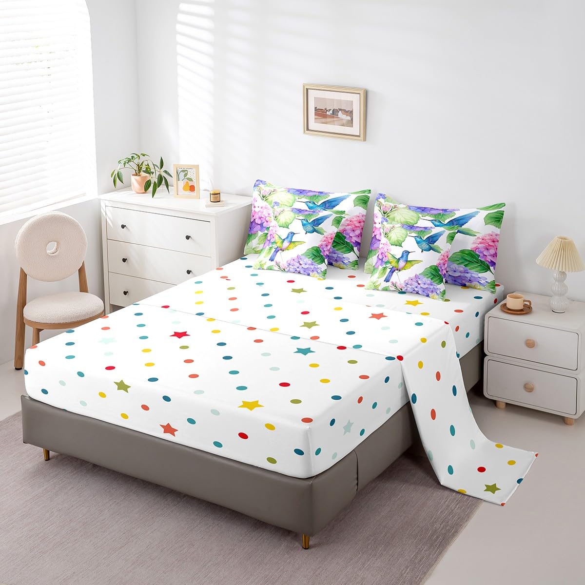 7 Piece Hummingbird Twin Bed in a Bag for Girls Women Blue Hydrangea Print Sheet Set Twin, Cute Animal Birds Purple Flowers Bedding Set with Comforter Rustic Farmhouse Theme Cushion Covers