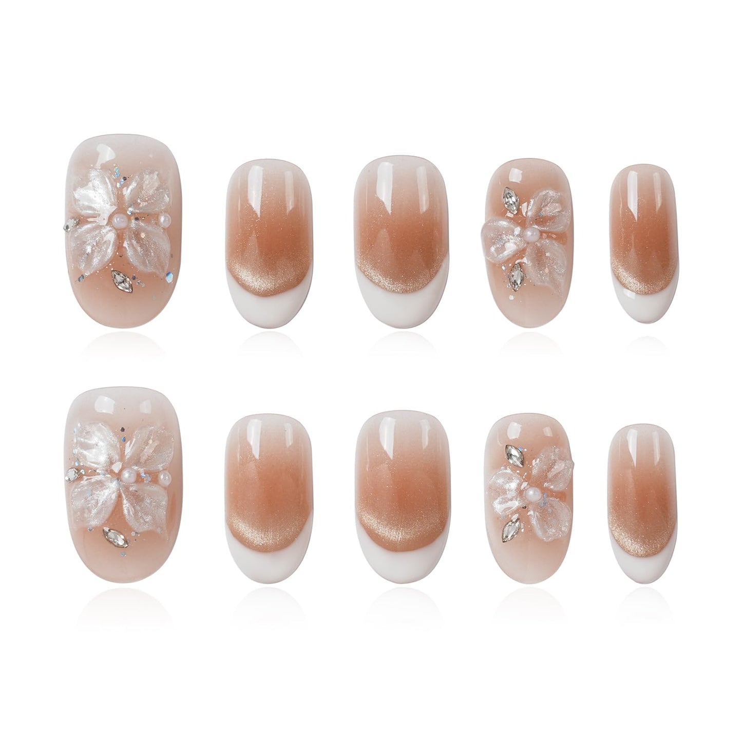 Tesytto Short Oval Press On Nails, Nude Cat Eye Gradient False Nails with White French Tip & 3D Sheer Flower, Reusable Glossy Fake Nails (Gold Shimmer Crystal,M)